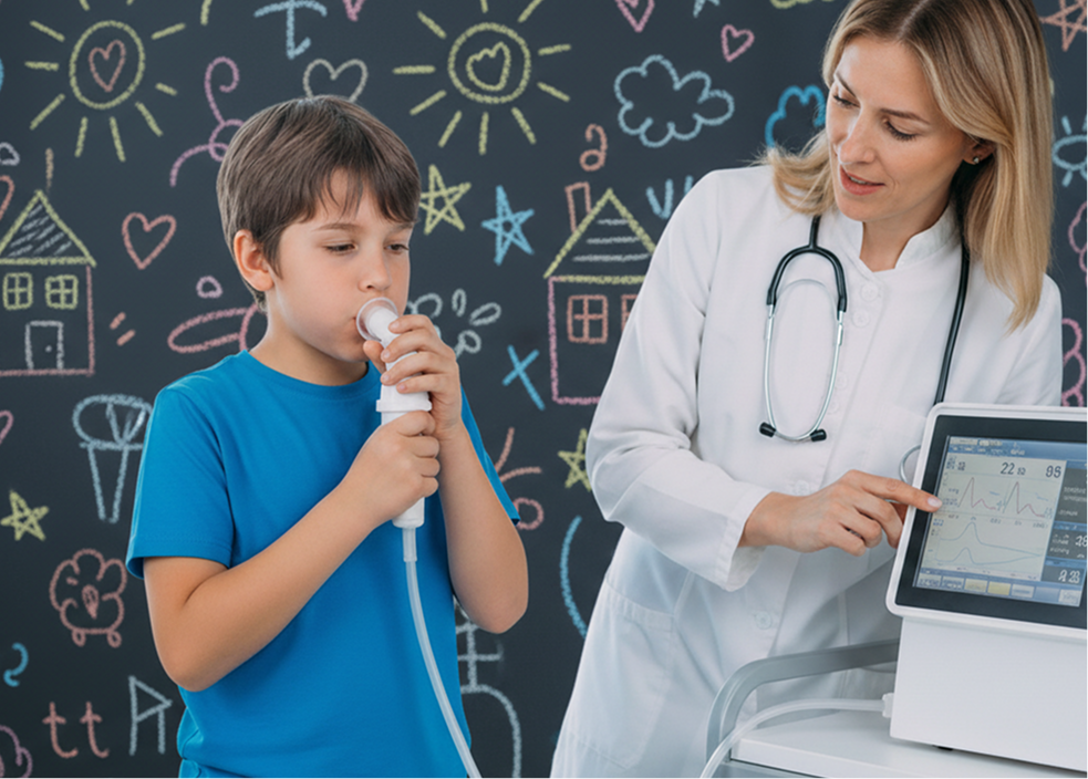 Niño utilizando un inhalador con ayuda de profesional médico