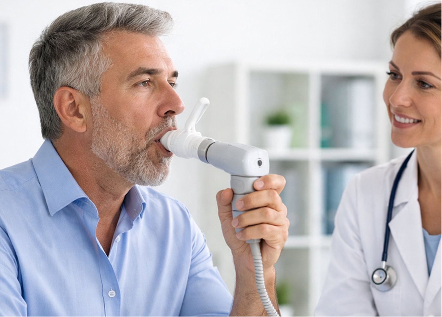 Hombre sentado soplando en un espirómetro