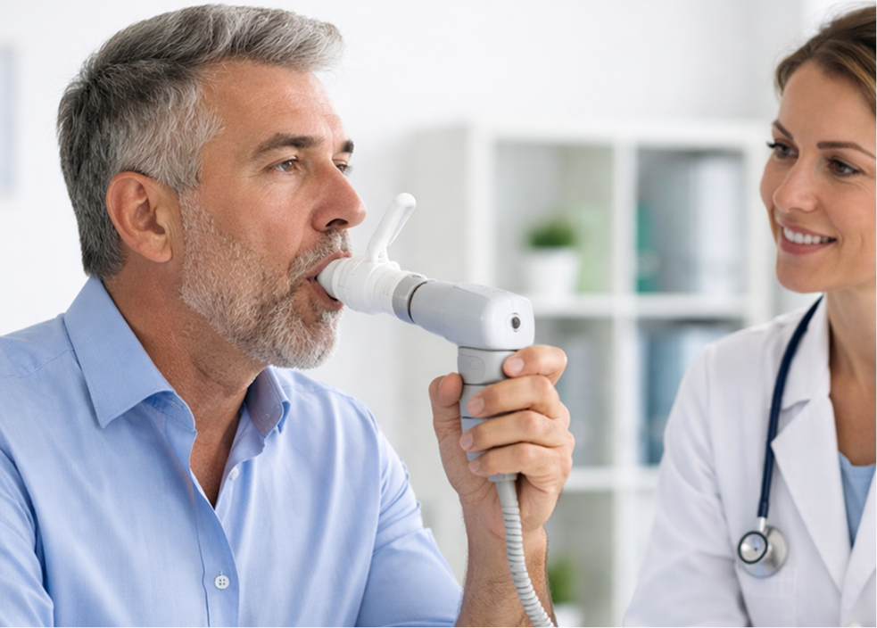 Hombre sentado soplando en un espirómetro